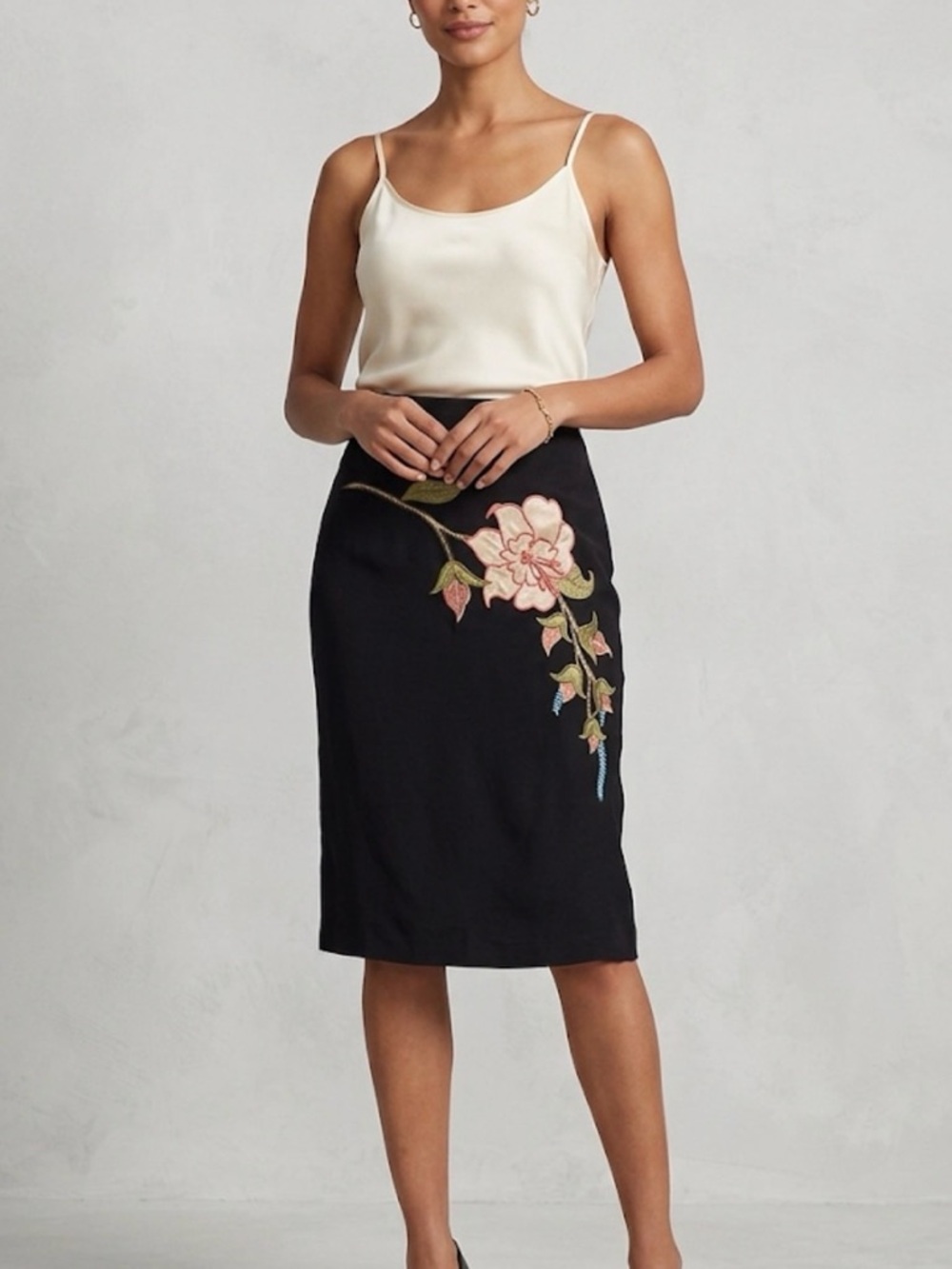 Sandra Angelozzi Black Skirt with Pink Floral Embroidery